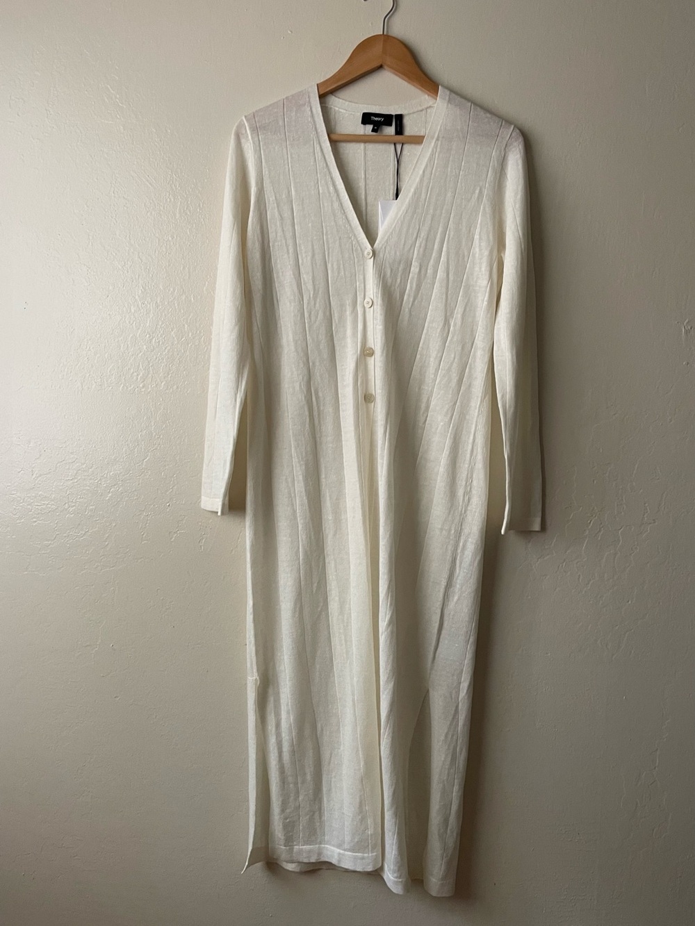 Theory women’s Torina Rib knit Cream Long Button Front duster Cardigan